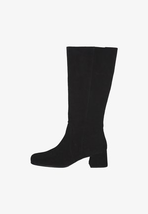 Black suede knee-high boots with a square toe and block heel. Features smooth texture and side stitching details.