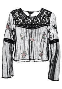 Blusa nera in pizzo con ricami floreali in rosa e verde. Maniche lunghe trasparenti con scollatura rotonda e pannello superiore decorato.