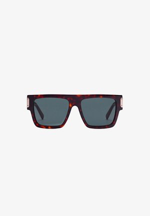 Tortoiseshell square sunglasses with dark gray lenses and gold accents on the temples. Features a sturdy plastic frame and clean lines.