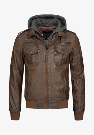 Brown leather jacket with a removable gray hoodie. Features two chest pockets, two side pockets, and ribbed cuffs and hem. Zipper closure.