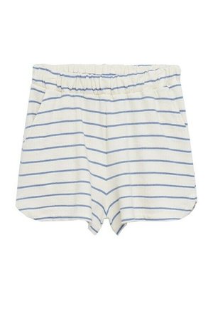 Pantalones cortos blancos de algodón con finas rayas horizontales azules, cintura elástica, bolsillos laterales y una pequeña muesca en el dobladillo central delantero.