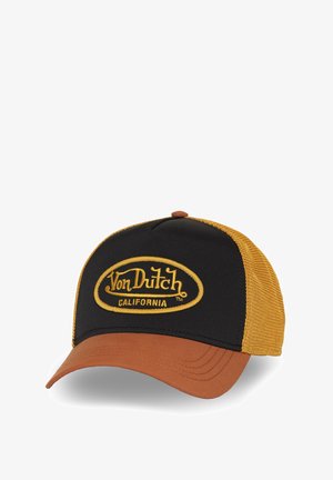 Gorra trucker negra y dorada con visera marrón, con un logo bordado de "Von Dutch California" y laterales de malla para mayor transpirabilidad.