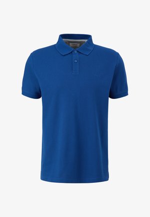 Polo bleu en coton, avec un col classique, une patte de boutonnage à deux boutons et un petit logo brodé sur la poitrine.