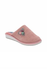 Pantofole in corduroy rosa chiaro con superficie texturizzata, dotate di un'applicazione di fiore in feltro grigio, rosa e verde. Suola in gomma bianca.