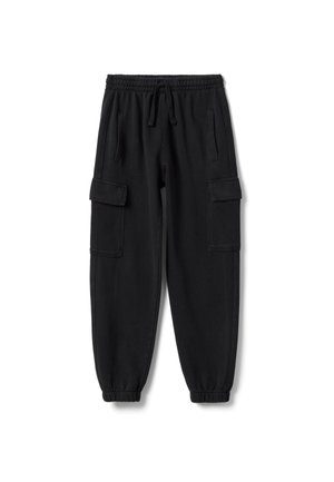 Schwarze Cargo-Jogginghosen mit elastischem Bund, Kordelzug, Seitentaschen, Klapp-Cargotaschen und elastischen Bündchen.