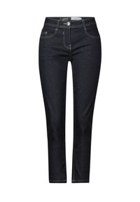 Jeans en denim foncé avec une silhouette ajustée, présentant des coutures contrastantes jaunes, un design à cinq poches et une fermeture à bouton à l'avant.