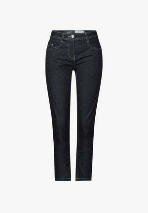 Dunkelblaue Denim-Jeans mit einer enganliegenden Silhouette, versehen mit gelben Kontrastnähten, einem fünf Taschen-Design und einem Knopfverschluss vorne.