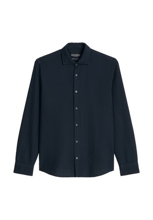 Camicia blu scuro a maniche lunghe con bottoni, realizzata in tessuto strutturato, con colletto, bottoni frontali e vestibilità regolare.