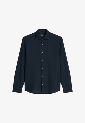 Camicia blu scuro a maniche lunghe con bottoni, realizzata in tessuto strutturato, con colletto, bottoni frontali e vestibilità regolare.