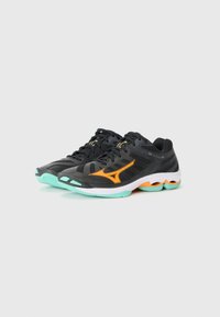 Black athletic shoes with mesh upper, orange accents, and mint green sole. Features a cushioned design with a durable rubber outsole.