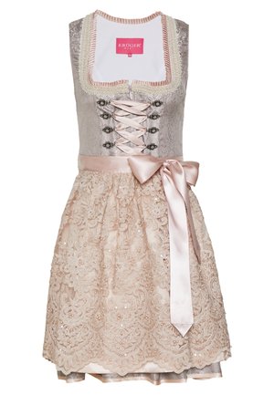 Robe dirndl sans manches gris argenté avec tablier en dentelle rose, nœud en ruban de satin et laçage corset à l'avant, taille 36, marque Krüger.