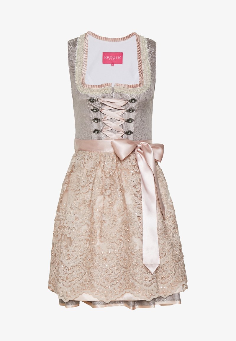 Robe dirndl sans manches gris argenté avec tablier en dentelle rose, nœud en ruban de satin et laçage corset à l'avant, taille 36, marque Krüger.