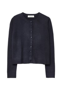 Dunkelblauer Wollcardigan mit rundem Ausschnitt, langen Ärmeln und geripptem Saum. Verfügt über eine Knopfleiste und eine weiche Textur.