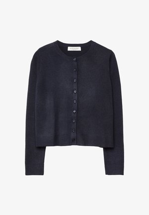 Dunkelblauer Wollcardigan mit rundem Ausschnitt, langen Ärmeln und geripptem Saum. Verfügt über eine Knopfleiste und eine weiche Textur.