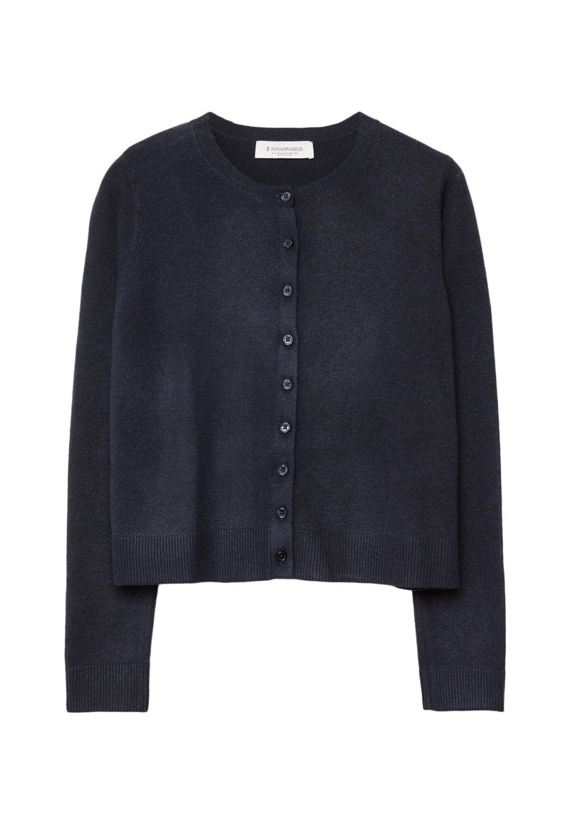Dunkelblauer Wollcardigan mit rundem Ausschnitt, langen Ärmeln und geripptem Saum. Verfügt über eine Knopfleiste und eine weiche Textur.