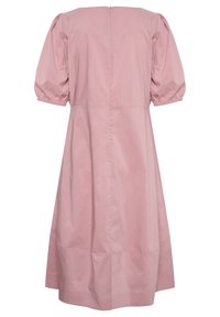 Rosa midi-klänning med puffade korta ärmar, samlade manschetter och dragkedja bak.