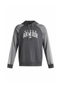 Grå hættetrøje med kontrasterende grå raglanærmer, frontlomme i kenguru-stil og "UNDER ARMOUR" logo i hvidt henover brystet.