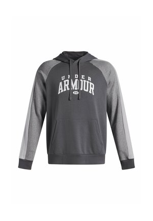 Gray hooded sweatshirt with contrasting gray raglan sleeves, front kangaroo pocket, and "UNDER ARMOUR" logo in white across the chest.