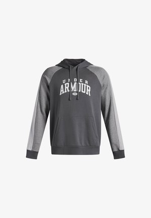 Gray hooded sweatshirt with contrasting gray raglan sleeves, front kangaroo pocket, and "UNDER ARMOUR" logo in white across the chest.