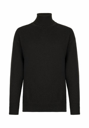 Svart polotröja i mjukt tyg, med långa ärmar, ribbade manchetter och en avslappnad passform. Slät textur med minimal detaljering.