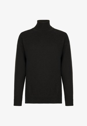 Schwarzer Rollkragenpullover aus weichem Stoff, mit langen Ärmeln, gerippten Bündchen und einem entspannten Schnitt. Glatte Textur mit minimalen Details.