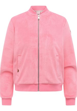 Rosa kordfløyelsbomberjakke med glidelås foran, ribbestrikket krage, mansjetter, kant og sidelommer.