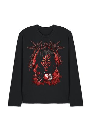Black long-sleeve shirt with red lightning design, a menacing red face with glowing yellow eyes, and a small figure in white fighting with a glowing weapon.