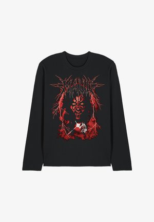 Schwarzes Langarmshirt mit rotem Blitz-Design, einem bedrohlichen roten Gesicht mit leuchtend gelben Augen und einer kleinen weißen Figur, die mit einer leuchtenden Waffe kämpft.