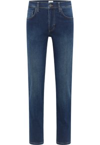Jeans bărbați din denim albastru închis, cu croială dreaptă, cinci buzunare, decolorare subtilă și închidere cu nasture la talie, fabricate dintr-un amestec de bumbac.