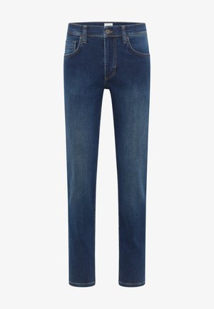 Vīriešu tumši zili denima džinsi ar taisnu piegriezumu, pieciem maciņiem, vieglu izbalējumu un pogu aizdari jostasvietā, izgatavoti no kokvilnas maisījuma auduma.