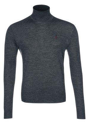Donkergrijze coltrui met lange mouwen, strak model en klein rood geborduurd logo op de linkerborst.