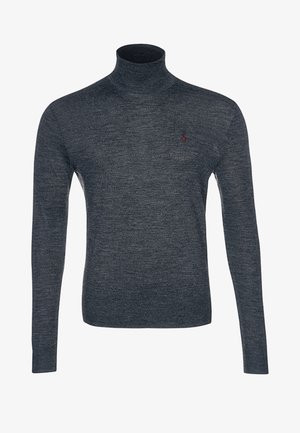 Dunkelgrauer Langarm-Rollkragenpullover mit schmaler Passform und kleinem roten, auf der linken Brust gesticktem Logo.