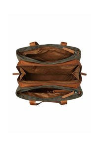 Borsa in tela con accenti in pelle marrone, doppie zip e un interno arancione. Presenta due manici e tasche organizzative interne.