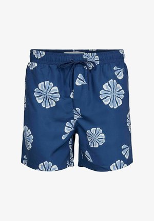 Blauwe zwembroek met een bloemmotief in het wit, voorzien van een elastische tailleband met een trekkoord, van gemiddelde dijlengte en een soepele textuur.