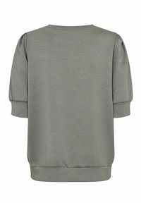 Felpa verde oliva chiaro con maniche a sbuffo corte, polsini a costine e scollo rotondo. Tessuto morbido e liscio con una vestibilità rilassata.