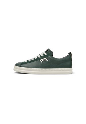 Green leather sneaker with white laces and midsole. Accented with a logo on the side and a textured finish on the upper.