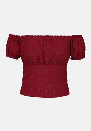 Burgundi off-shoulder felső puffos rövid ujjakkal, textúrált gyémántmintával, gumírozott nyakkivágással és szegéllyel.