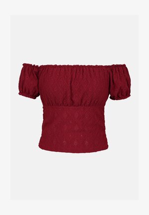Bordo bluzon off-the-shoulder s puf rukavima, s teksturiranim dijamantnim uzorkom i elastičnim izrezom i donjim rubom.