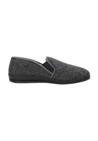 Grijze gevoerde slipper met een getextureerde oppervlakte, elastisch zijpaneel en een zwarte rubberen zool. Geen veters; simpel, instapontwerp.
