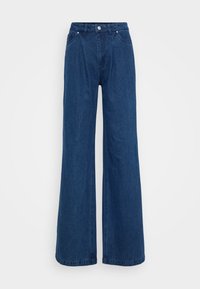 Wijde blauwe denim jeans met een hoge taille, voorzien van steekvakjes en een knoopsluiting. Gladde textuur zonder zichtbare patronen.