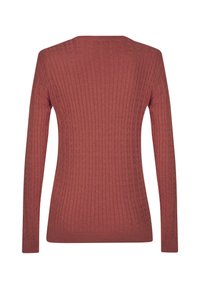 Gerippter Langarmpullover in Terrakotta. Mit Rundhalsausschnitt und figurnaher Passform. Das Material fühlt sich weich an und hat eine strukturierte Oberfläche.