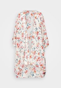 Kimono floral en tissu léger avec un fond crème. Il présente des fleurs colorées roses, orange et bleues, une ouverture sur le devant et des manches larges.