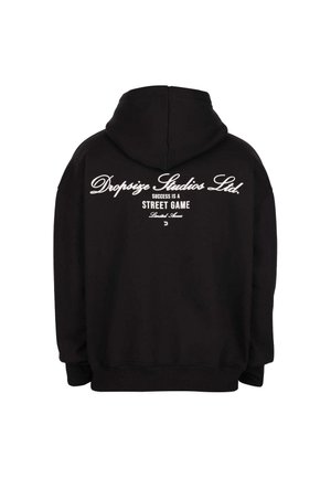 Felpa nera con testo bianco sul retro che recita "Dropsize Studios Ltd. Il successo è un gioco da strada Accesso Limitato" e un piccolo logo in basso.