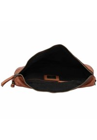 Tasche aus раlben Leder mit schwarzem Futter, Reißverschluss und einer kleinen Innentasche. Merkmale sind die glatte Textur und das minimalistische Design.