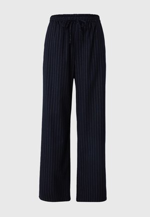 Pantalones de pierna ancha en azul marino con rayas verticales en blanco, que cuentan con una cinturilla elástica y un cordón para un ajuste ajustable.