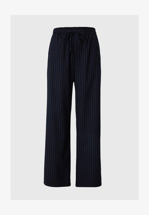 Pantaloni larghi blu navy con righe bianche verticali, dotati di una vita elastica e chiusura con cordino per una vestibilità regolabile.