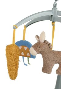 Hanging mobile featuring a plush donkey, a blue felt arch with patterns, and a textured yellow carrot, all suspended from a gray frame.