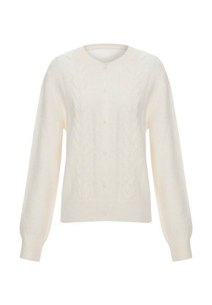 Crème-kleurige cardigan met een kabelbrei-ontwerp, ronde halslijn, lange mouwen en parelachtige knopen aan de voorkant. Zachte textuur.