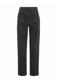 Crne traperice s ravnim krojem, visokim strukom i dva stražnja džepa. Tkanina ima blago oštećen izgled.