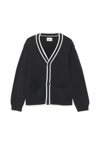 Zwarte cardigan met witte gestreepte afwerking, V-hals, twee voorkleding zakken, knoopsluiting en geribde manchetten en zoom. Gemaakt van textuur gebreid materiaal.
